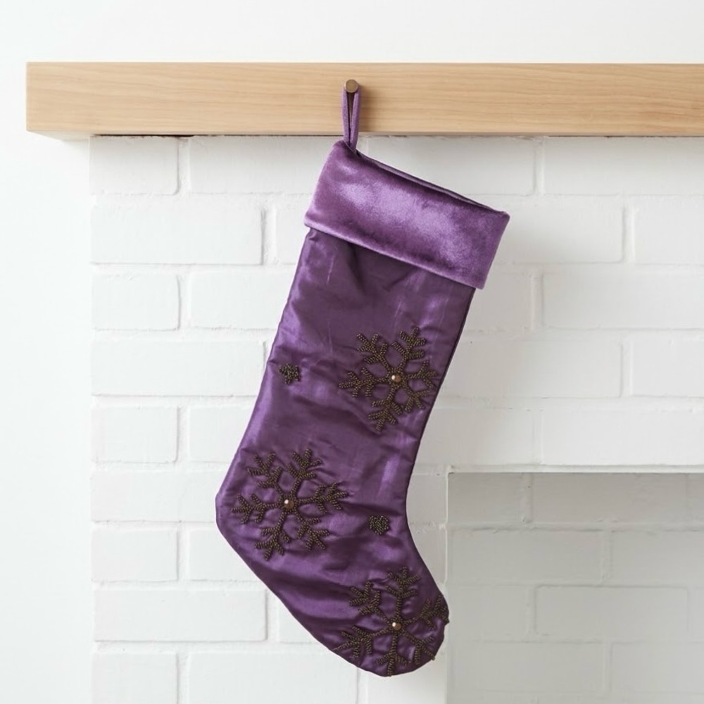 Purple Velvet Satin Beaded Snowflake Christmas Stocking Luxury Holiday Decor⁠